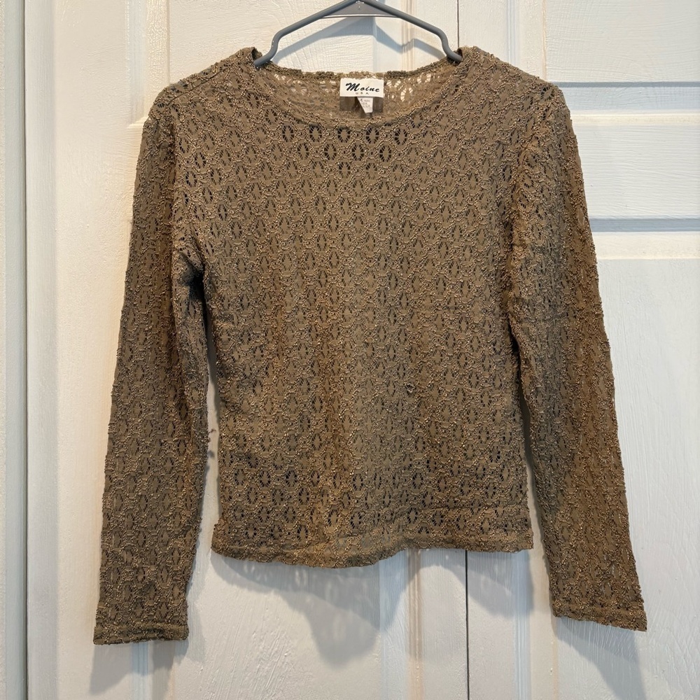 Vintage Moine Fashion Tan Lace Long Sleeve Top - Size Small
